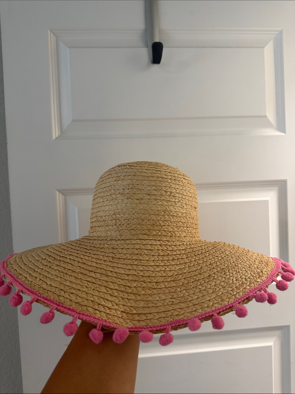 Hat Attack Straw Sun Hat with Pink Pom-Pom Trim